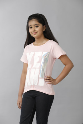 Under Fourteen Only Girls Printed Pure Cotton Regular T Shirt(Orange, Pack of 1)