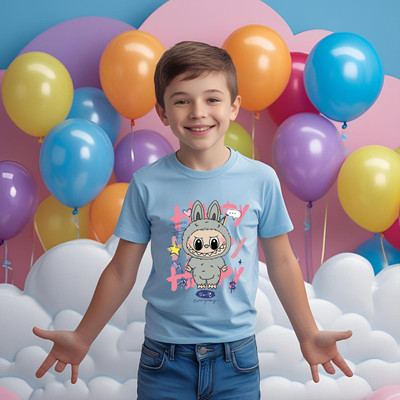 Kidloo Boys Labubu, Graphic Print Cotton Blend Regular T Shirt(Light Blue, Pack of 1)