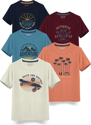 Hellcat Boys Printed Cotton Blend Regular T Shirt(Dark Blue, Pack of 5)
