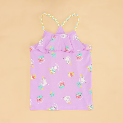 Pantaloons Junior Girls Printed Pure Cotton Regular T Shirt(Purple, Pack of 1)