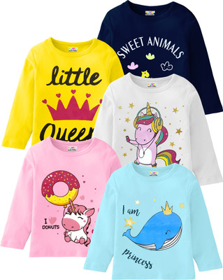 Kuchipoo Baby Girls Printed Cotton Blend Regular T Shirt(Multicolor, Pack of 5)