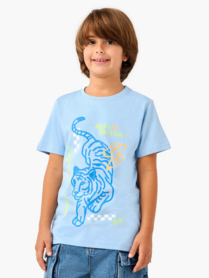 JUNIORS by Babyshop Boys Graphic Print Pure Cotton Regular T Shirt(Blue, Pack of 1)