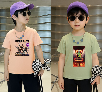 Lecowar Boys Graphic Print Polyester Regular T Shirt(Pink, Green, Pack of 2)