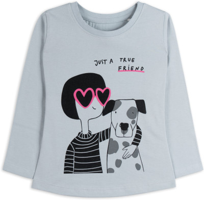 Ariel Girls Printed Pure Cotton Regular T Shirt(Grey, Pack of 1)