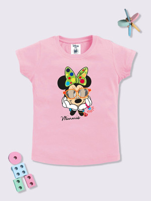 YK Disney Girls Printed Cotton Blend Regular T Shirt(Pink, Pack of 1)