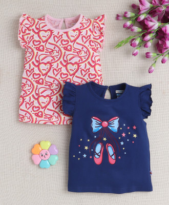 BUMZEE Girls Printed Pure Cotton Regular T Shirt(Dark Blue, Pack of 2)