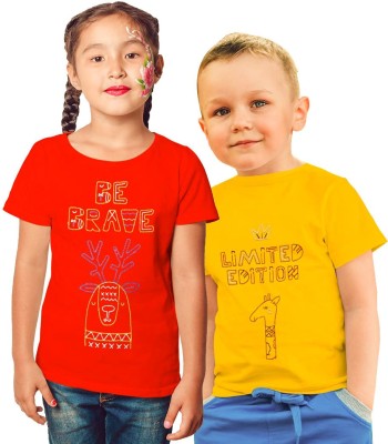 Tistook Boys & Girls Typography Pure Cotton Regular T Shirt(Red, Pack of 2)