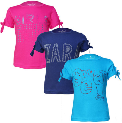 Just Live Fashionn Girls Printed Pure Cotton Regular T Shirt(Multicolor, Pack of 3)