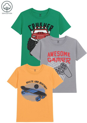 Tora Boys Printed Pure Cotton Regular T Shirt(Multicolor, Pack of 3)