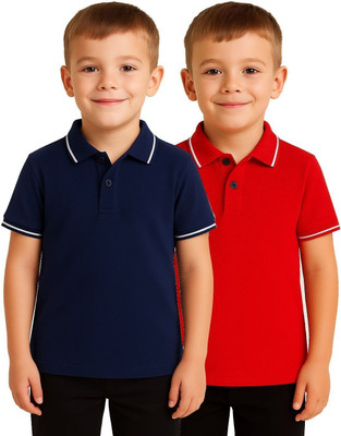 EyeWater Boys Solid Cotton Blend Regular T Shirt(Red, Blue, Pack of 2)