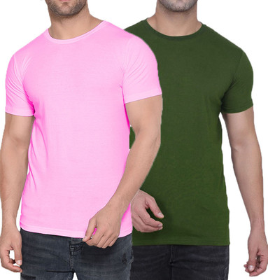 Kroptee Boys Solid Cotton Blend Regular T Shirt(Pink, Dark Green, Pack of 2)