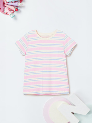 MAX Girls Striped Pure Cotton Regular T Shirt(Beige, Pack of 1)