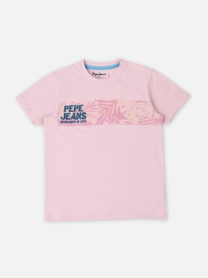 Pepe Jeans Boys Graphic Print Pure Cotton T Shirt(Pink, Pack of 1)