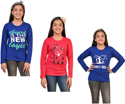 IndiWeaves Girls Printed Pure Cotton Regular T Shirt(Multicolor, Pack of 3)