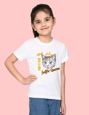 Nusyl Girls Graphic Print Cotton Blend Regular T Shirt(White, Pack of 1)