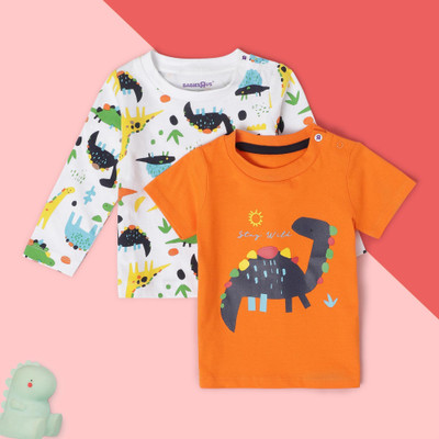 BabiesRus Boys Printed Pure Cotton Regular T Shirt(Orange, Pack of 2)