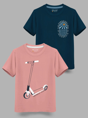 Hellcat Boys Printed Cotton Blend Regular T Shirt(Pink, Pack of 2)