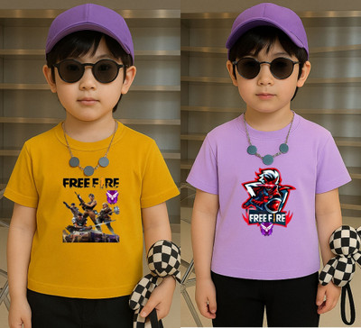Lecowar Boys Printed Polyester Regular T Shirt(Yellow, Purple, Pack of 1)