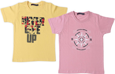 NeuVin Boys & Girls Printed Cotton Blend Regular T Shirt(Multicolor, Pack of 2)
