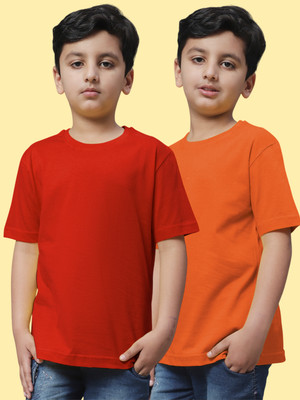 FBAR Boys Solid Pure Cotton Regular T Shirt(Red, Orange, Pack of 2)