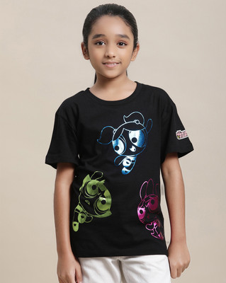 kidsville Girls Printed Cotton Blend Oversized T Shirt(Black, Pack of 1)
