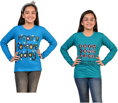 Indistar Girls Printed Pure Cotton Regular T Shirt(Multicolor, Pack of 2)