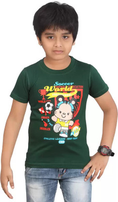 dongli Boys Typography, Printed Pure Cotton Regular T Shirt(Dark Green, Pack of 1)