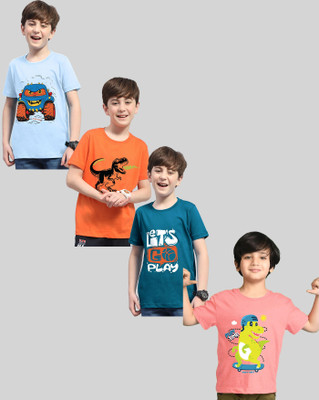 AUSK Boys Printed Cotton Blend Regular T Shirt(Dark Blue, Orange, Pack of 1)