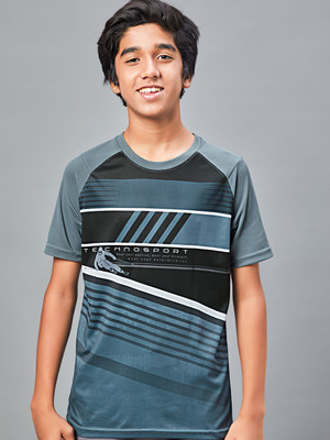 TECHNOSPORT Boys Graphic Print Polyester Slim T Shirt(Grey, Pack of 1)