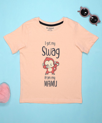 BE AWARA Boys & Girls Typography Pure Cotton Regular T Shirt(Orange, Pack of 1)