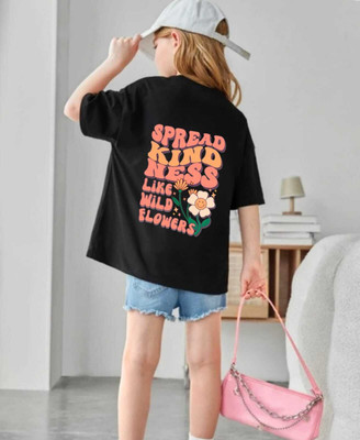 Everfab Girls Printed Cotton Blend Oversized T Shirt(Black, Pack of 1)
