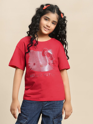 kidsville Girls Printed Pure Cotton Oversized T Shirt(Red, Pack of 1)