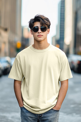 Veirdo Boys Solid Pure Cotton Oversized T Shirt(Beige, Pack of 1)