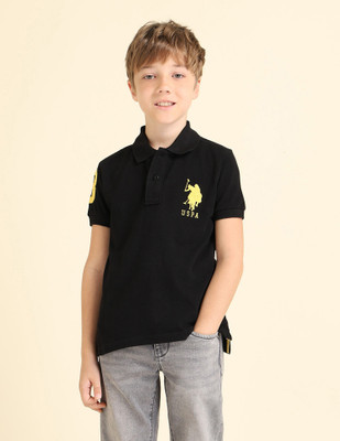 U.S. POLO ASSN. Boys Typography Cotton Blend Regular T Shirt(Black, Pack of 1)