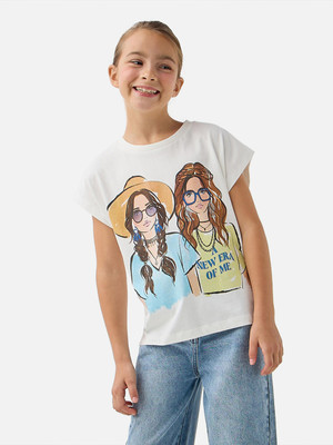 JUNIORS by Babyshop Girls Graphic Print Pure Cotton Regular T Shirt(White, Pack of 1)
