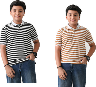 IndiWeaves Boys Striped Pure Cotton Regular T Shirt(Black, Grey, Pack of 2)