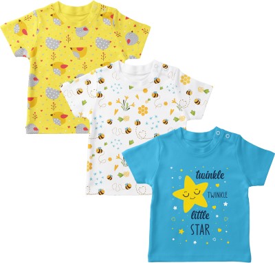 Mojua Baby Boys & Baby Girls Printed Pure Cotton Regular T Shirt(Yellow, Pack of 3)