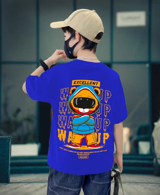 BuckleMen Boys Printed Pure Cotton Oversized T Shirt(Blue, Pack of 1)