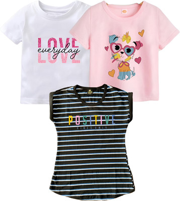 HouseOfCommon Girls Printed Pure Cotton Regular T Shirt(Multicolor, Pack of 3)