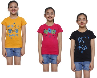 IndiWeaves Girls Printed Cotton Blend Regular T Shirt(Multicolor, Pack of 3)