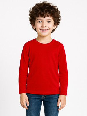 FRISKERS Boys Solid Pure Cotton Slim T Shirt(Red, Pack of 1)