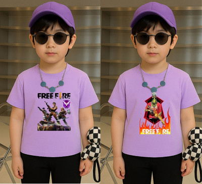 Lecowar Boys Graphic Print Polyester Regular T Shirt(Purple, Pack of 2)