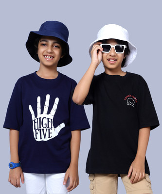 NICK AND JONES Boys Typography, Printed Pure Cotton Oversized T Shirt(Dark Blue, Pack of 1)