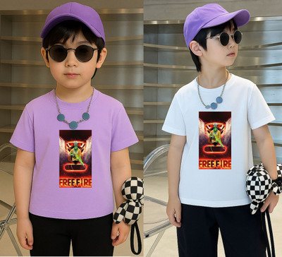 Lecowar Boys Printed Polyester Regular T Shirt(Purple, White, Pack of 2)