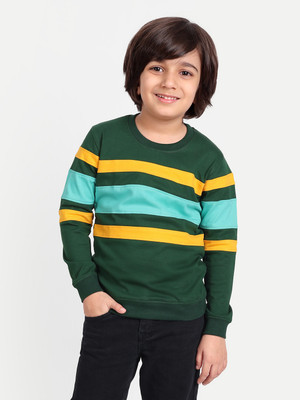 PROVOGUE Boys Striped Pure Cotton Regular T Shirt(Green, Pack of 1)