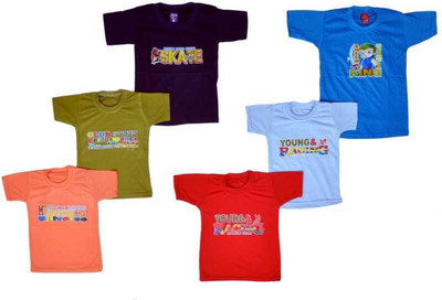 HouseOfCommon Baby Boys Printed Cotton Blend Regular T Shirt(Multicolor, Pack of 6)