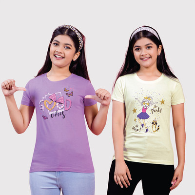Zuniors-SSC Girls Printed Pure Cotton Regular T Shirt(Multicolor, Pack of 2)