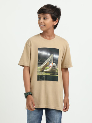 estuna Boys Graphic Print Pure Cotton Regular T Shirt(Beige, Pack of 1)