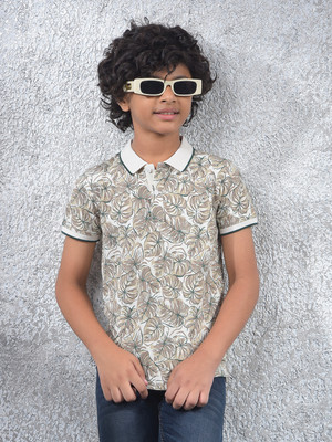 CRIMSOUNE CLUB Boys Floral Print Cotton Blend Slim T Shirt(Beige, Pack of 1)