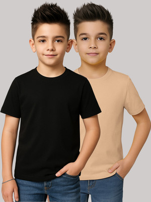 FRISKERS Boys Solid Pure Cotton Regular T Shirt(Black, Pink, Pack of 2)